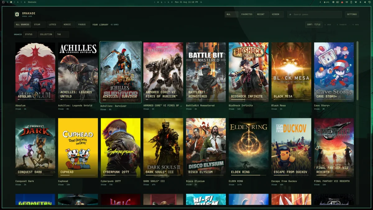 Omakade showing a library of game covers in the Osaka Jade theme