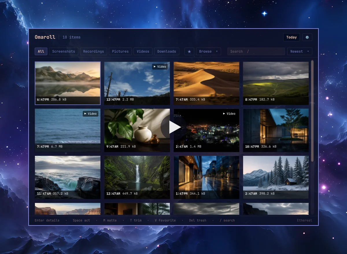 Watch the Omaroll demo: a media library of photos and videos in the Ethereal theme