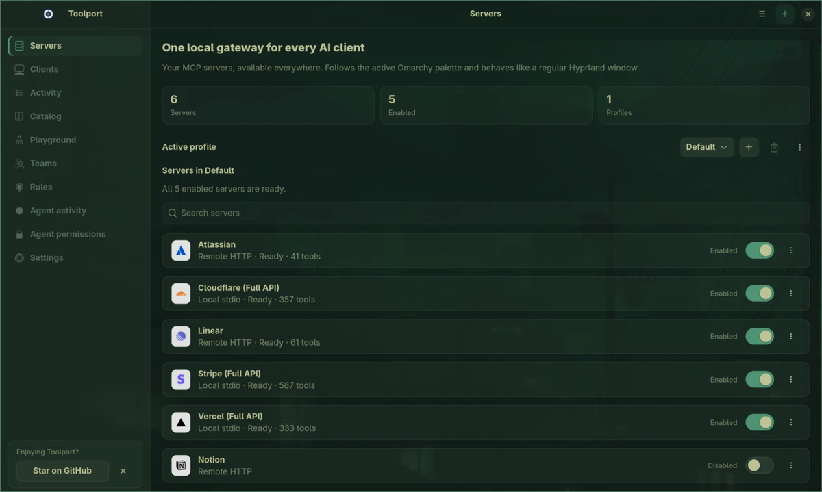 Toolport Servers view showing Atlassian, Cloudflare, Linear, Stripe, and Vercel