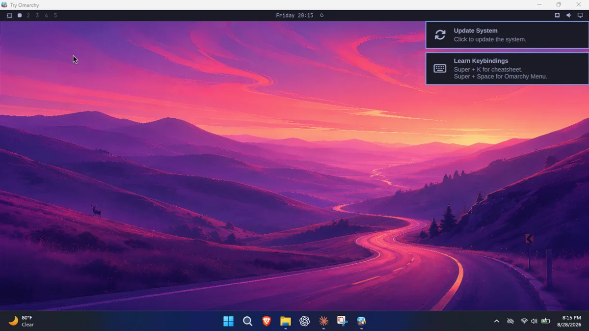 The Omarchy desktop running in a window on Windows